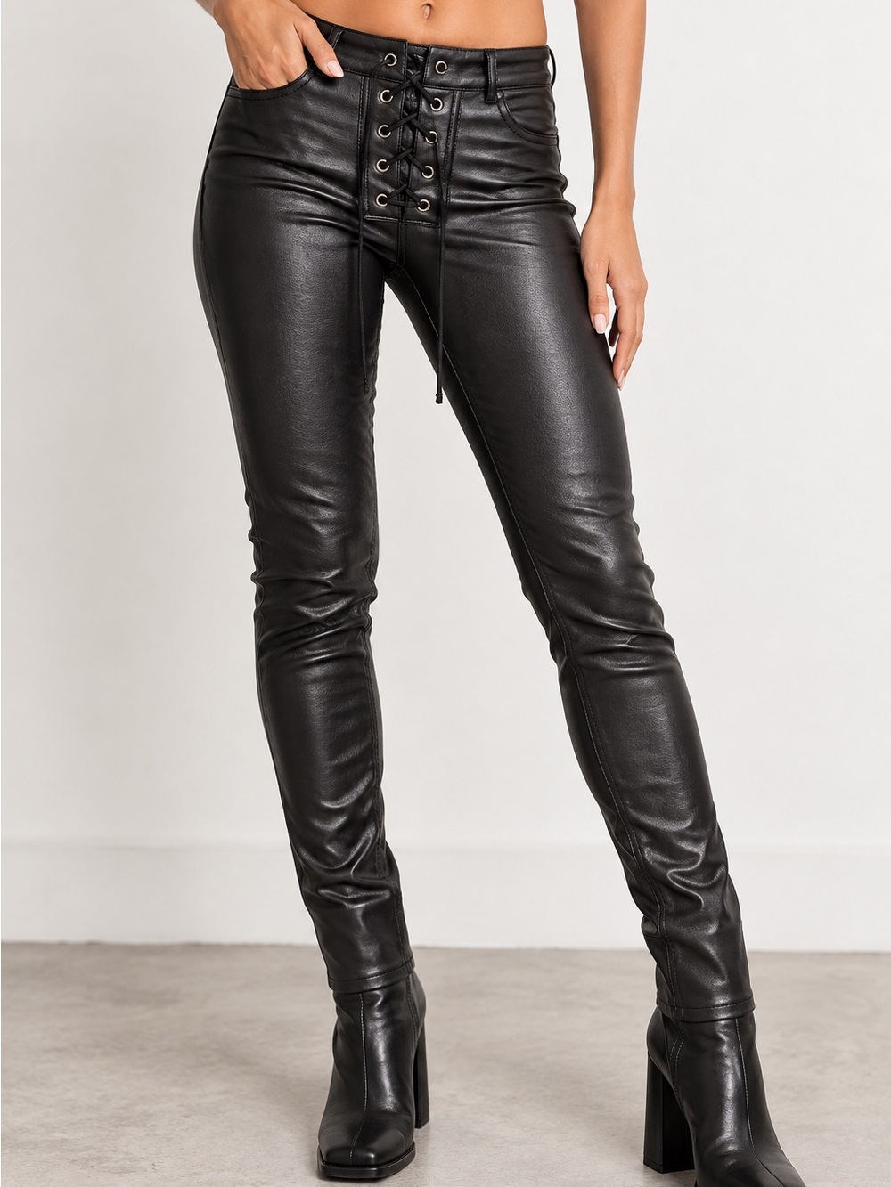 SHINESTAR Black Faux Leather Lace Up Skinny Pants Moto Punk Y2K M
